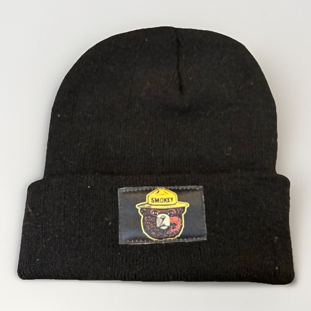 Smokey Bear Black Knit Beanie Hat Cuffed Winter Cap Forest Service Logo
